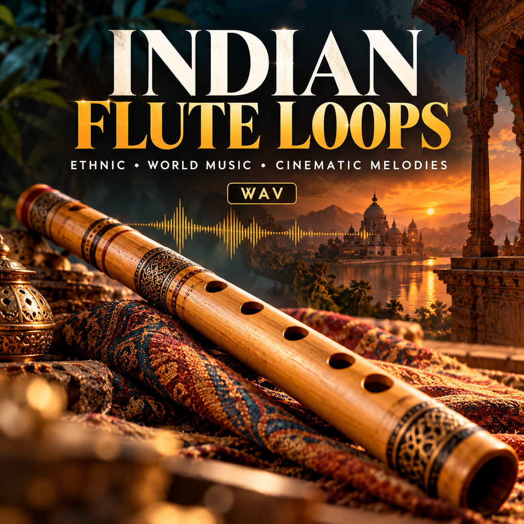 Promotional cover art for 'Indian Flute Loops' featuring a close-up of a wooden Indian flute resting on patterned textiles, with a scenic temple and lake background. Large text reads 'INDIAN FLUTE LOOPS' with smaller descriptors 'ETHNIC • WORLD MUSIC • CINEMATIC MELODIES' and a 'WAY' label.