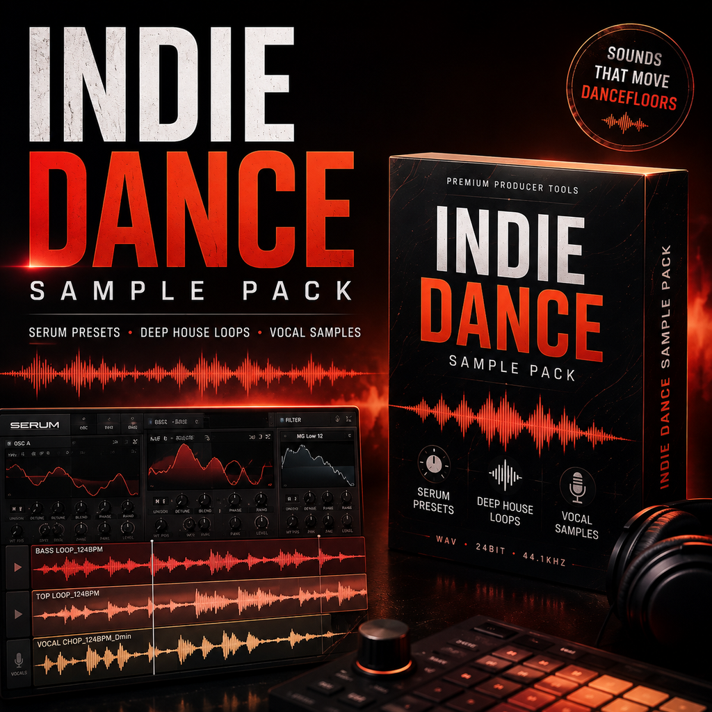 Promotional graphic for the Indie Dance Sample Pack, showing a black product box with bold white and orange text, a software interface screenshot, a turntable, and a dark studio background. Text on the image highlights serum presets, deep house loops, vocal samples, and sounds that move dancefloors.