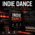 Promotional graphic for the Indie Dance Sample Pack, showing a black software box with bold white and orange text, alongside audio waveform visuals, a keyboard, and mixer-style interfaces. Large title text at the top reads 'INDIE DANCE SAMPLE PACK' with smaller subtitle text about serum presets, deep house loops, and vocal samples.