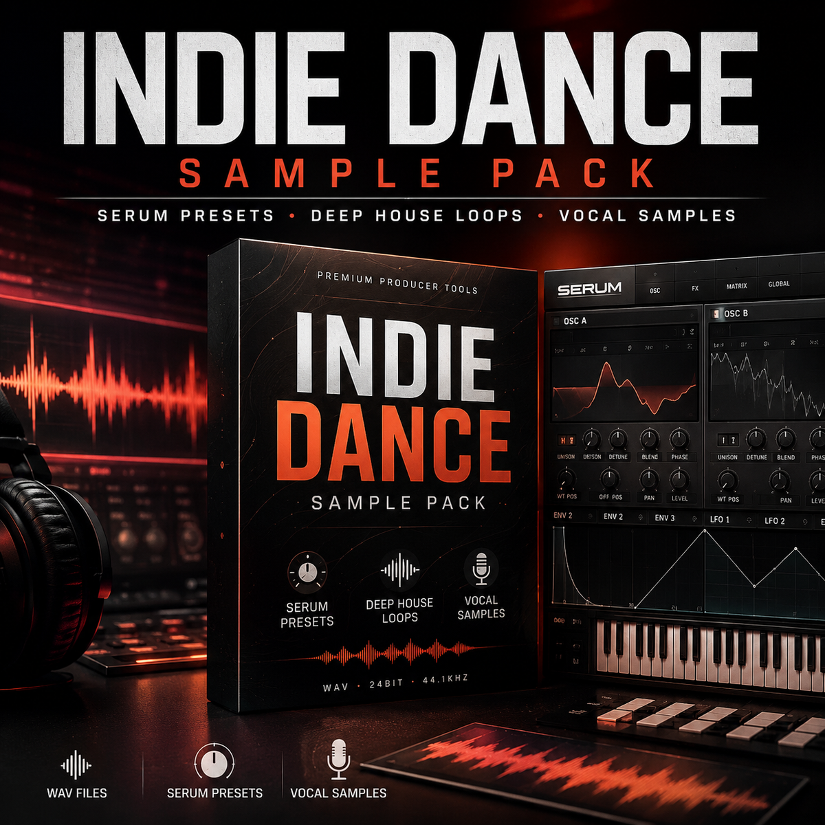 Promotional graphic for the Indie Dance Sample Pack, showing a black software box with bold white and orange text, alongside audio waveform visuals, a keyboard, and mixer-style interfaces. Large title text at the top reads 'INDIE DANCE SAMPLE PACK' with smaller subtitle text about serum presets, deep house loops, and vocal samples.