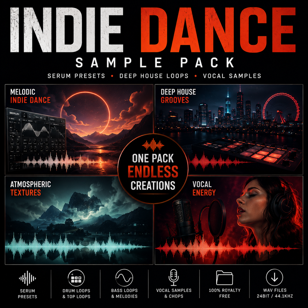 Promotional graphic for an 'Indie Dance Sample Pack' featuring four preview panels with sample audio visuals and text including 'Serum Presets', 'Deep House Loops', 'Vocal Samples', and 'One Pack Endless Creations'.