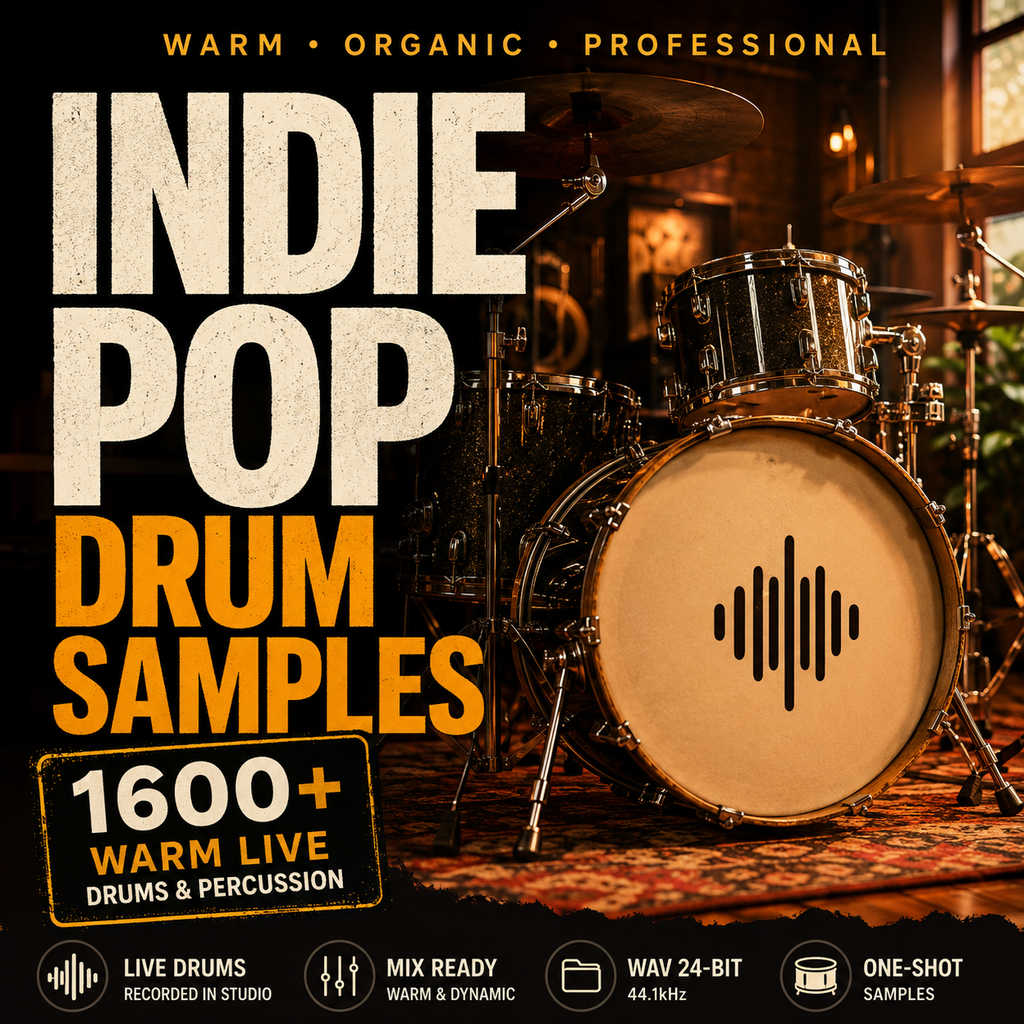 Promotional cover art for a music sample pack titled 'INDIE POP DRUM SAMPLES' with large textured text over a warm-toned photo of a drum kit in a live performance setting. The design includes badges reading '1600+ Warm Live Drums & Percussion' and feature icons for live drums, mix ready, WAV 24-bit, and one-shot samples.