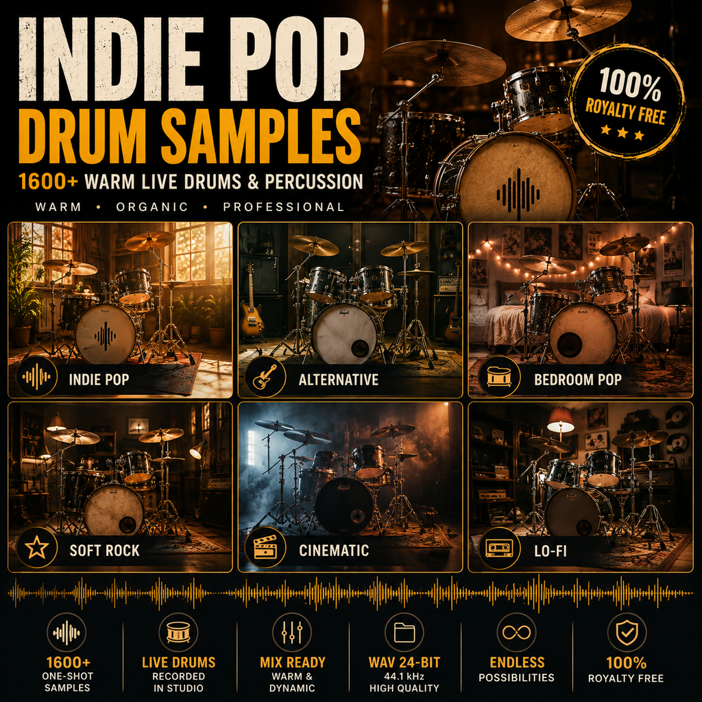 Promotional graphic for a digital product titled 'INDIE POP DRUM SAMPLES' showing a live drum kit in warm, moody club and studio settings. The layout includes labeled categories such as Indie Pop, Alternative, Bedroom Pop, Soft Rock, Cinematic, and Lo-Fi, plus feature icons for 1600+ one-shot samples, live drums recorded in studio, WAV 24-bit quality, endless possibilities, and 100% royalty free.