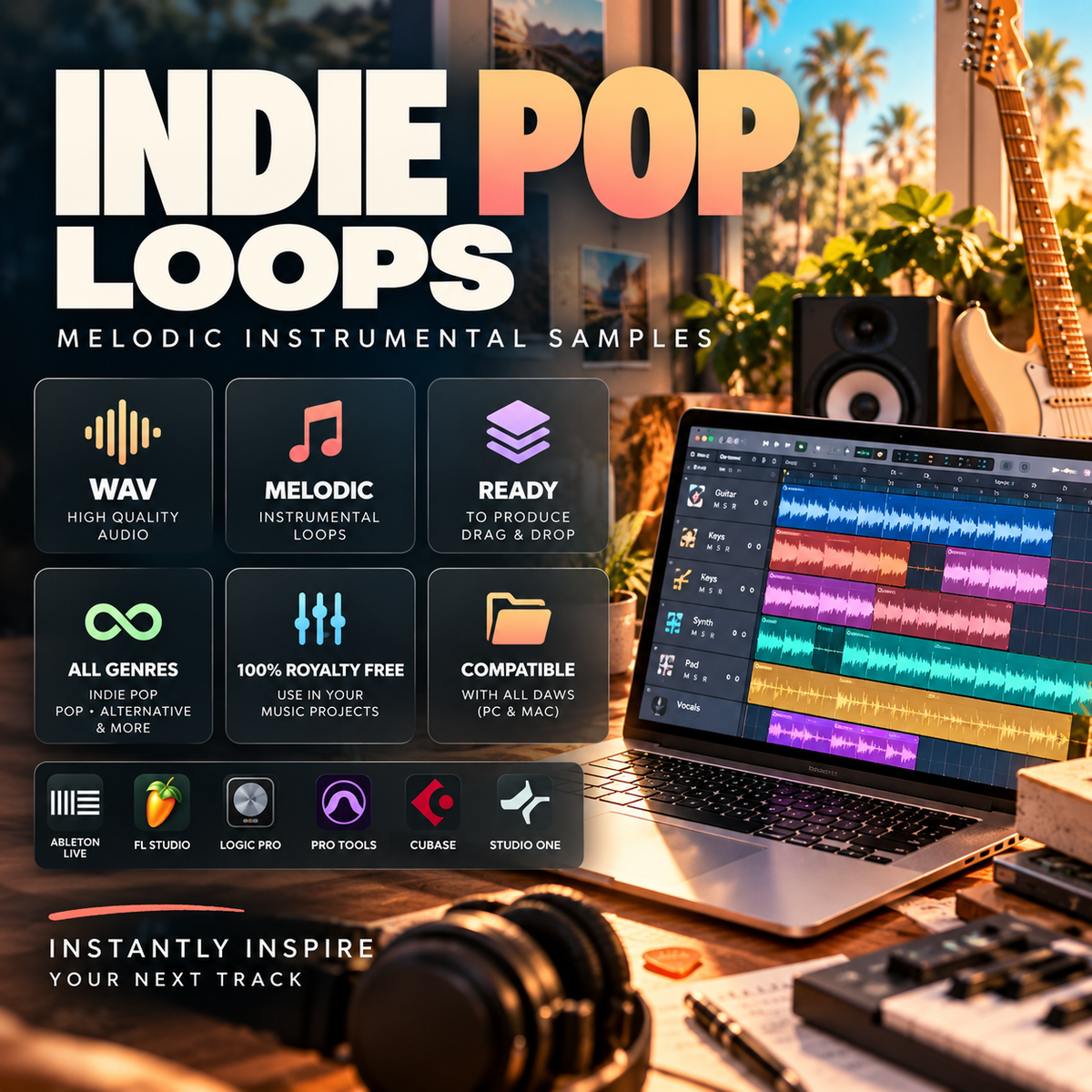 Promotional graphic for 'Indie Pop Loops' melodic instrumental samples, featuring a laptop with audio waveforms on screen, studio equipment, and a guitar in a sunlit room. Large text reads 'INDIE POP LOOPS' with feature callouts below.
