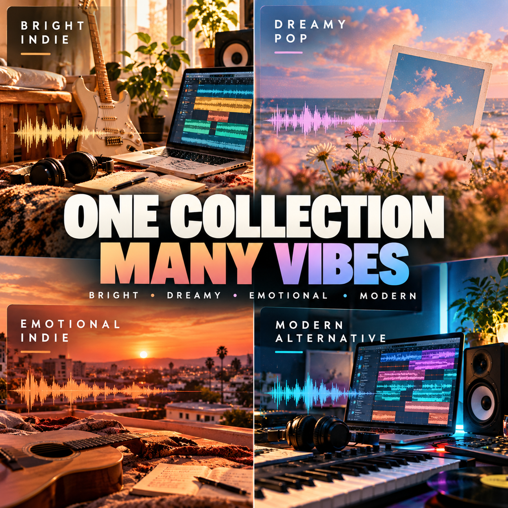 A four-panel promotional graphic for a music collection, with large text reading “ONE COLLECTION MANY VIBES” across the center. The panels show stylized scenes: a bedroom setup with a guitar and laptop, a dreamy sky scene with flowers and a laptop, an emotional sunset scene with a guitar, and a studio setup with a keyboard, speakers, and audio software.