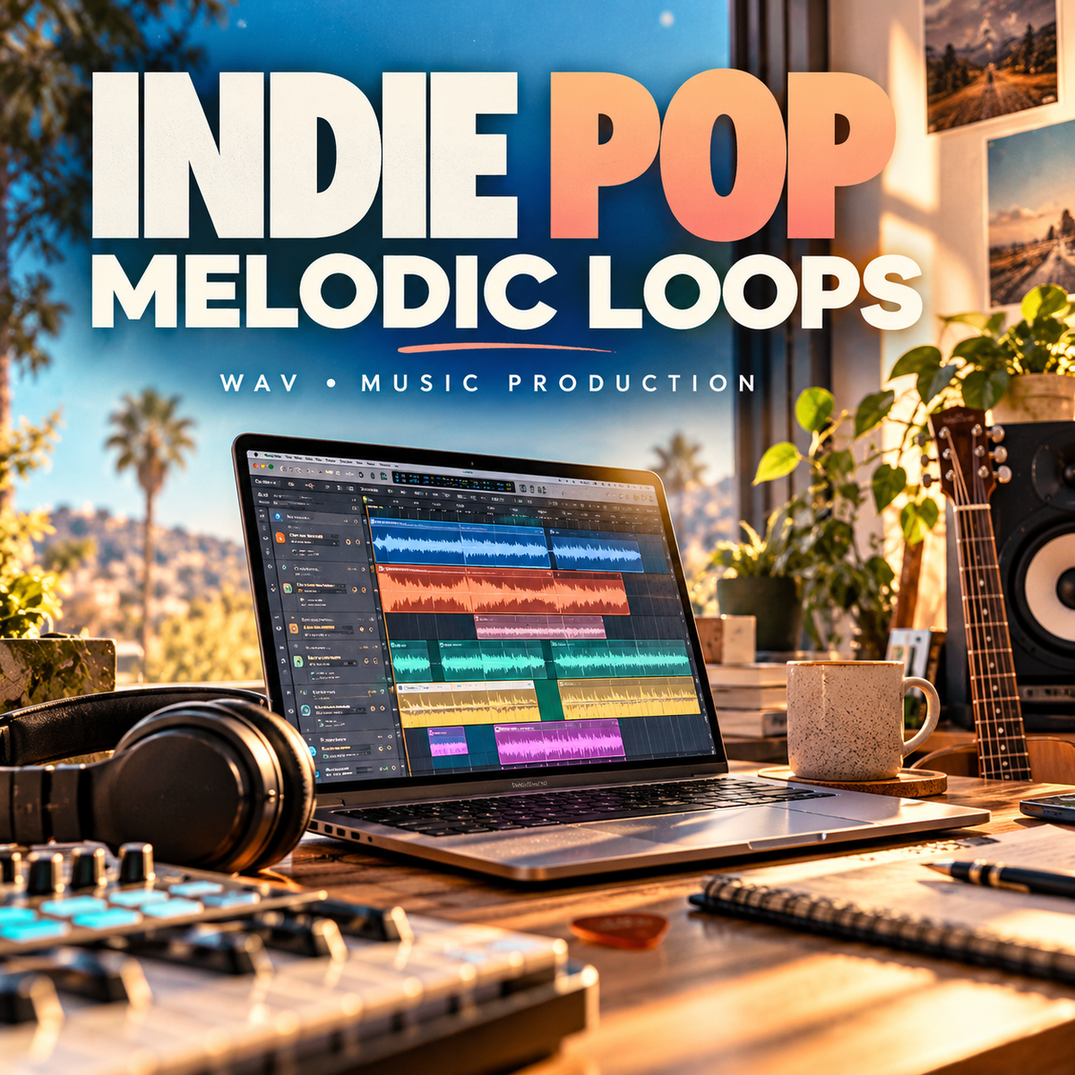 Promotional graphic for 'Indie Pop Melodic Loops' music production software, showing a laptop with audio waveforms on screen, headphones, a mixing board, and a guitar on a desk in a warm, sunlit room.
