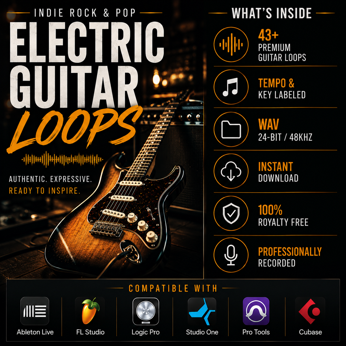 Promotional graphic for an electric guitar loops digital audio plugin, featuring a sunburst electric guitar on a dark background with text reading 'Electric Guitar Loops' and a 'What's Inside' section listing features like 43+ premium guitar loops, tempo and key labeling, wav 24-bit/48kHz, instant download, 100% royalty free, and professionally recorded. Compatibility logos for Ableton Live, FL Studio, Logic Pro, Studio One, Pro Tools, and Cubase are shown at the bottom.