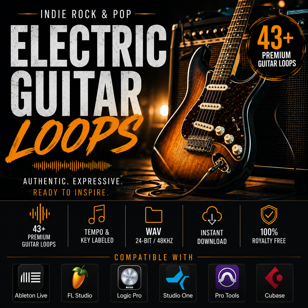 Promotional graphic for an electric guitar loops pack, featuring a sunburst electric guitar leaning against an amplifier on a dark stage background. Large text reads 'INDIE ROCK & POP ELECTRIC GUITAR LOOPS' with '43+ PREMIUM GUITAR LOOPS' in a circular badge.