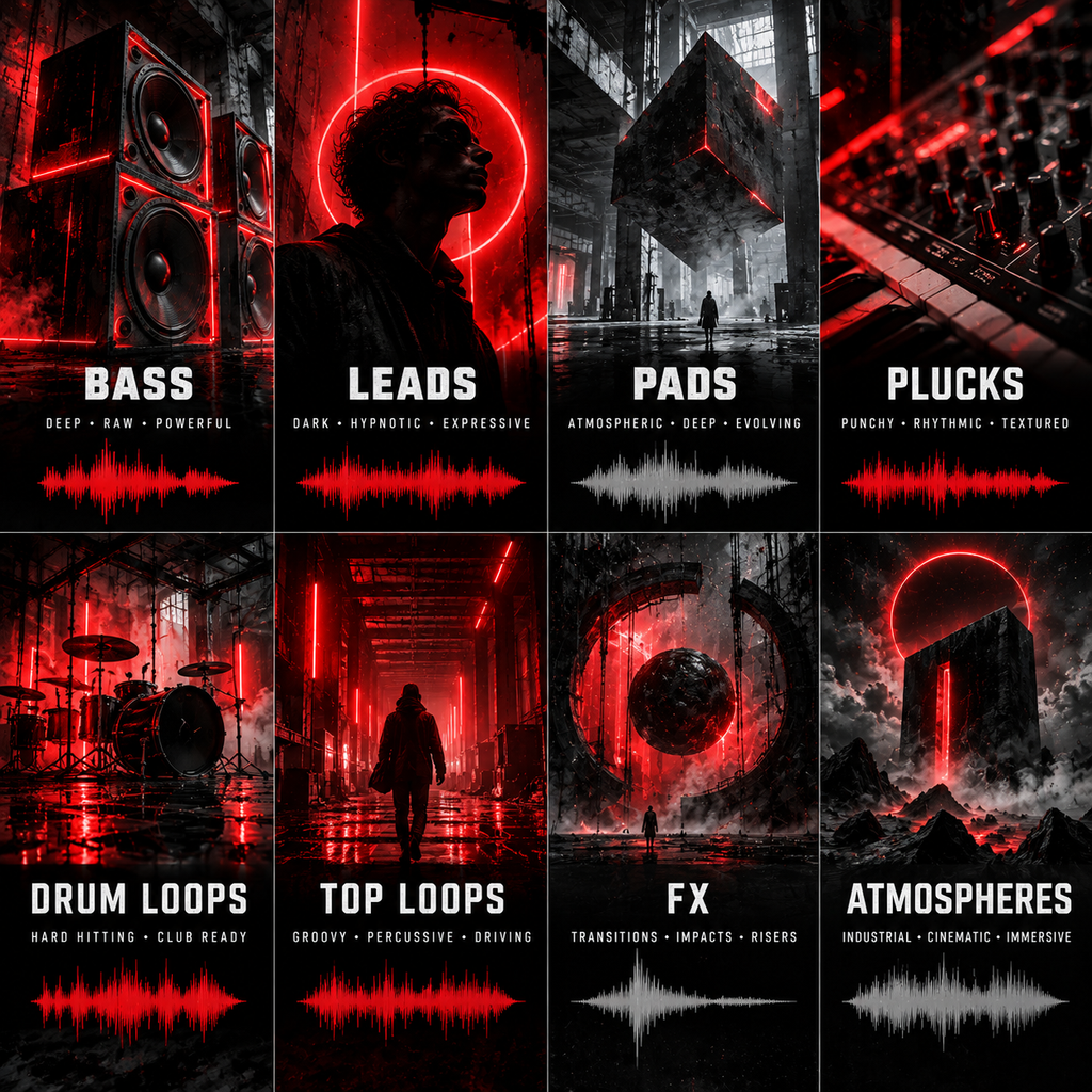 A 2x3 collage of dark, atmospheric audio effect panels labeled Bass, Leads, Pads, Plucks, Drum Loops, Top Loops, FX, and Atmospheres, each with red waveform graphics and black-and-red industrial or urban scene artwork.