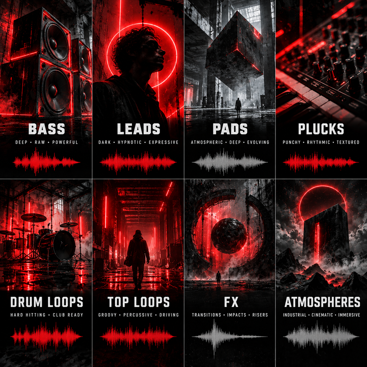 A 2x3 collage of dark, atmospheric audio effect panels labeled Bass, Leads, Pads, Plucks, Drum Loops, Top Loops, FX, and Atmospheres, each with red waveform graphics and black-and-red industrial or urban scene artwork.