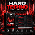 Promotional graphic for Vital Presets Hard Techno, showing a software preset pack box, a virtual instrument interface with waveform meters, and bold red-and-black text on a dark industrial crowd background. Text highlights 150+ industrial rave sounds and compatibility with Way out of the box.