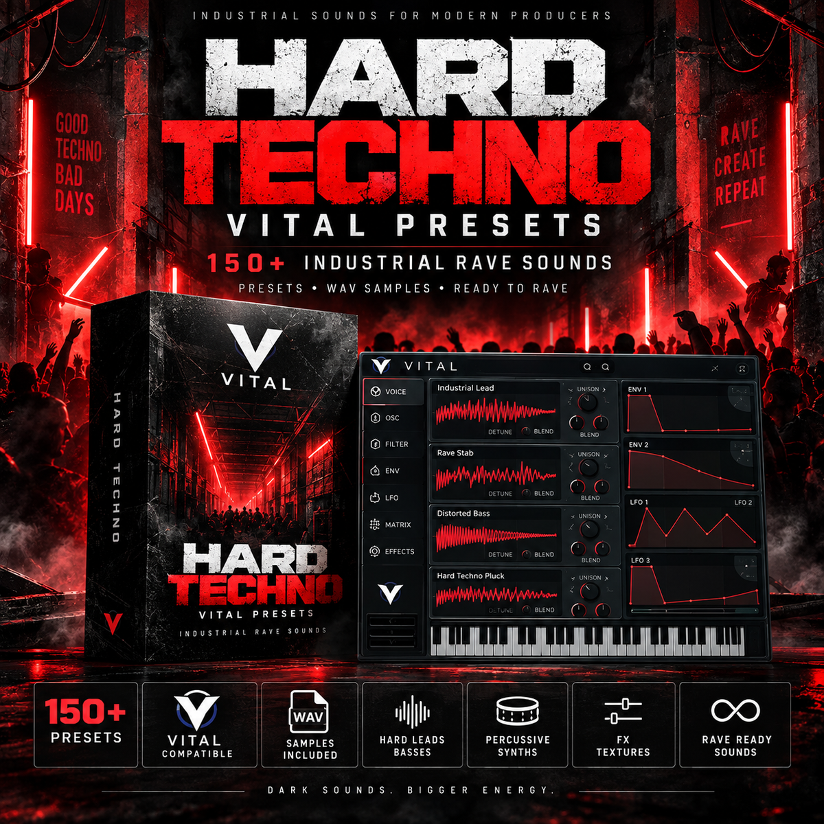 Promotional graphic for Vital Presets Hard Techno, showing a software preset pack box, a virtual instrument interface with waveform meters, and bold red-and-black text on a dark industrial crowd background. Text highlights 150+ industrial rave sounds and compatibility with Way out of the box.
