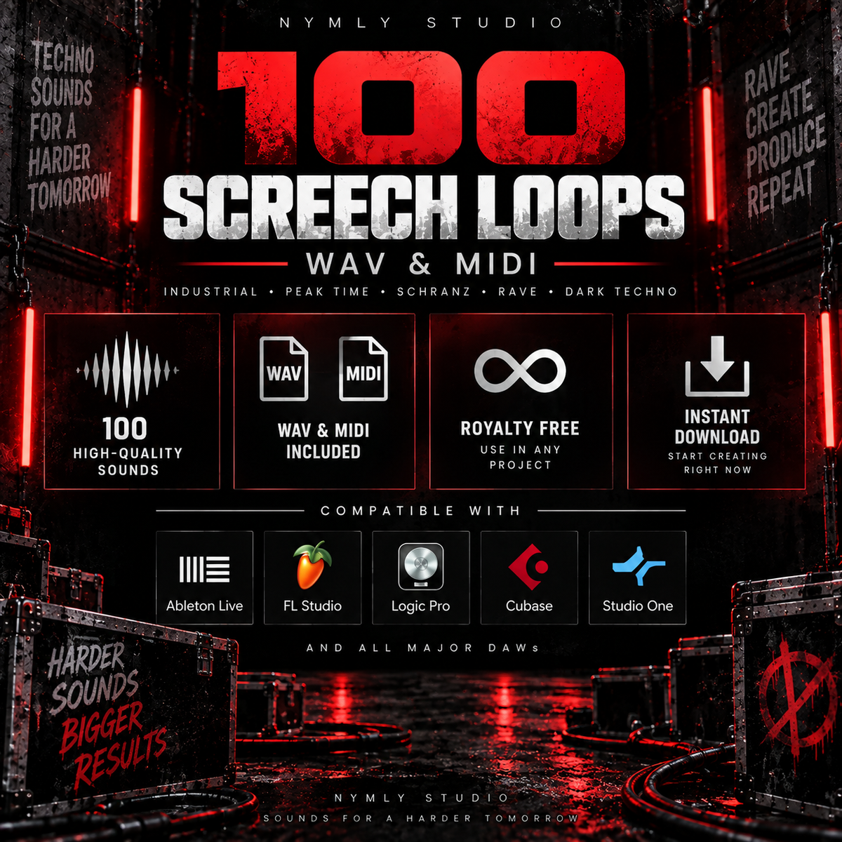 Promotional graphic for a digital audio loop pack titled '100 Screech Loops' by Nymly Studio. The design uses a dark, industrial red-and-black theme with glowing neon red vertical lights, large distressed red and white title text, and multiple black panels showing features such as '100 high-quality sounds,' 'Wav & Midi included,' 'Royalty Free,' and 'Instant Download.