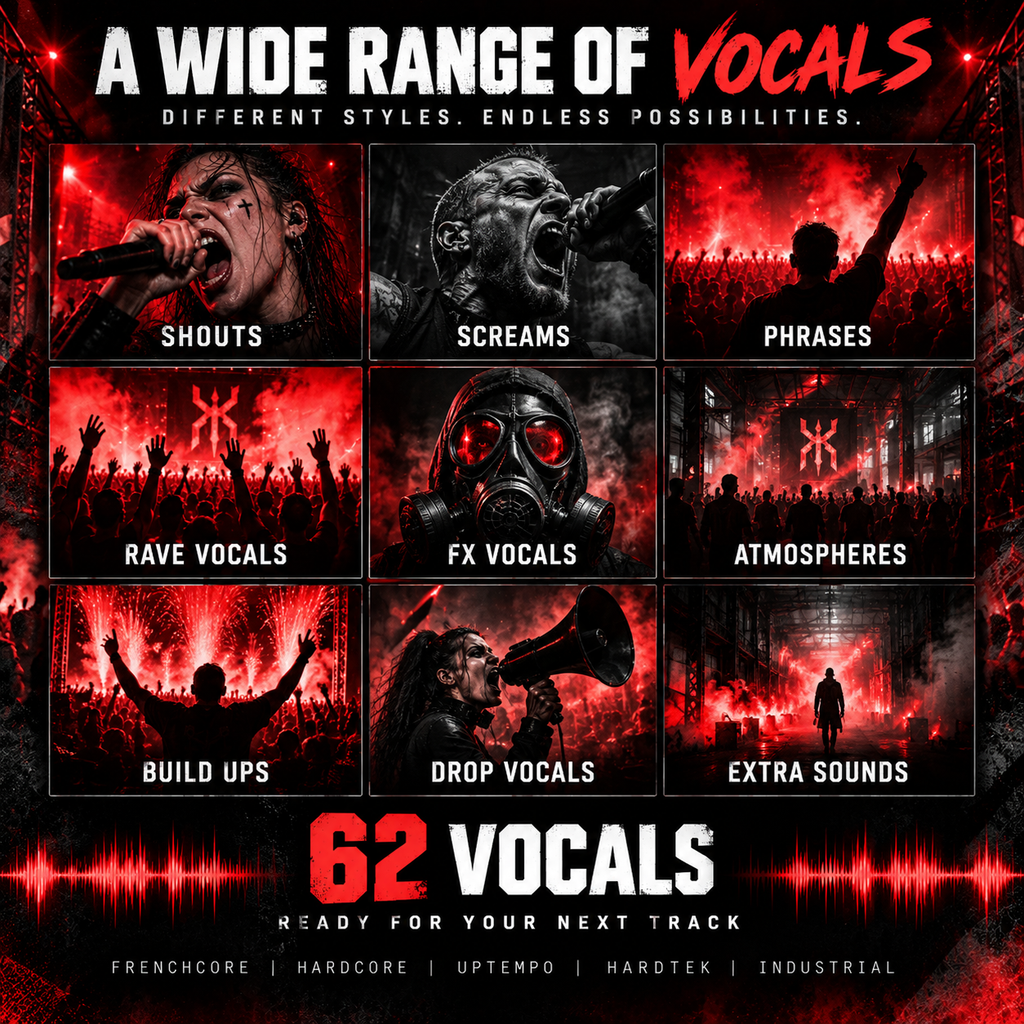 Promotional graphic for a vocal pack titled '62 VOCALS' showing a 3x3 grid of sample style labels: Shouts, Screams, Phrases, Rave Vocals, FX Vocals, Atmospheres, Build Ups, Drop Vocals, and Extra Sounds. The design uses black, red, and white with concert-style imagery and text reading 'A WIDE RANGE OF VOCALS' at the top.