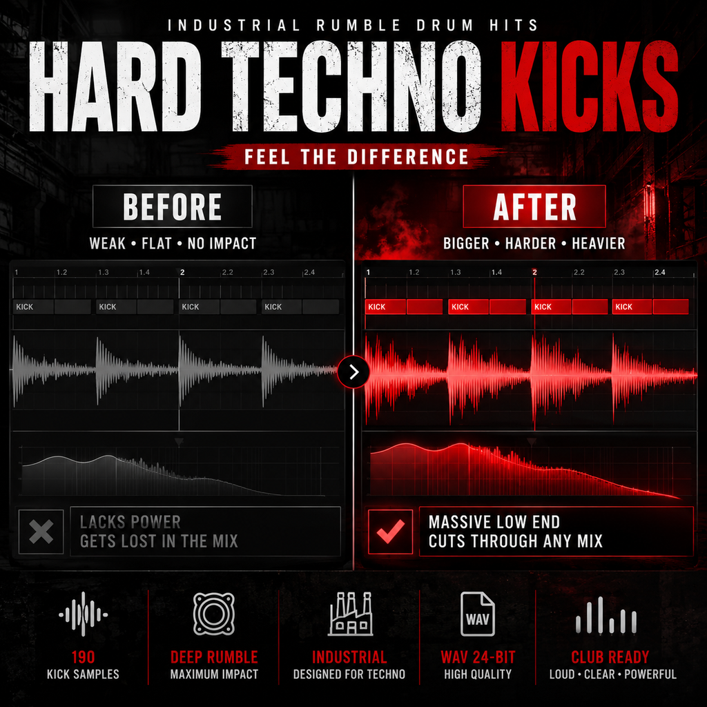 Promotional graphic for a hard techno kick drum sample pack titled 'HARD TECHNO KICKS'. The design features a split 'Before' and 'After' comparison with red and white soundwave visualizations on a dark background, accompanied by feature icons at the bottom.