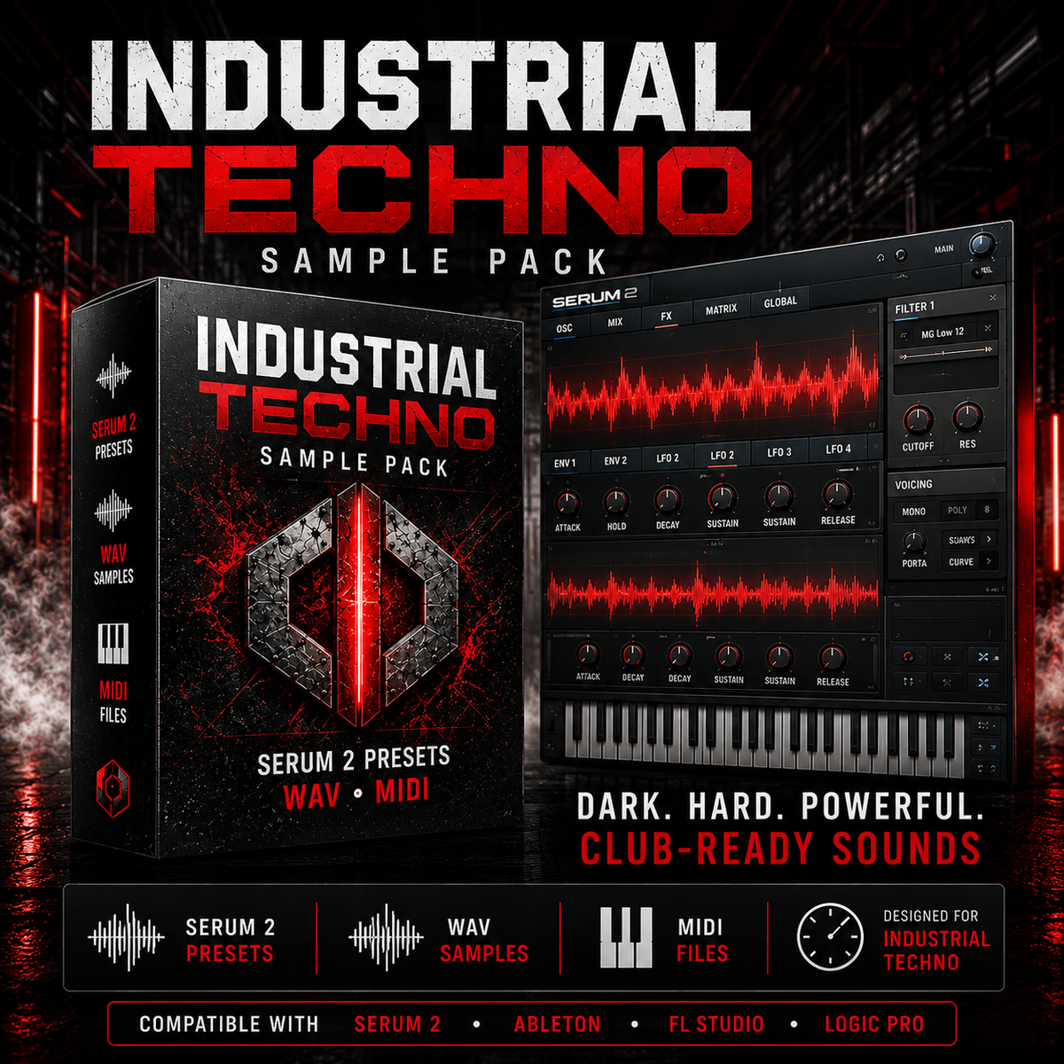 Promotional graphic for an Industrial Techno Sample Pack, showing a black product box with red and white text, a dark audio plugin interface with red waveform graphics, and feature callouts for Serum 2 presets, WAV samples, MIDI files, and compatibility with Serum 2, Ableton, FL Studio, and Logic Pro.