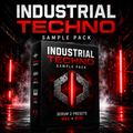 Promotional graphic for an 'Industrial Techno Sample Pack' showing a black product box with red and white text, set against a dark industrial scene with red neon lights and mist.