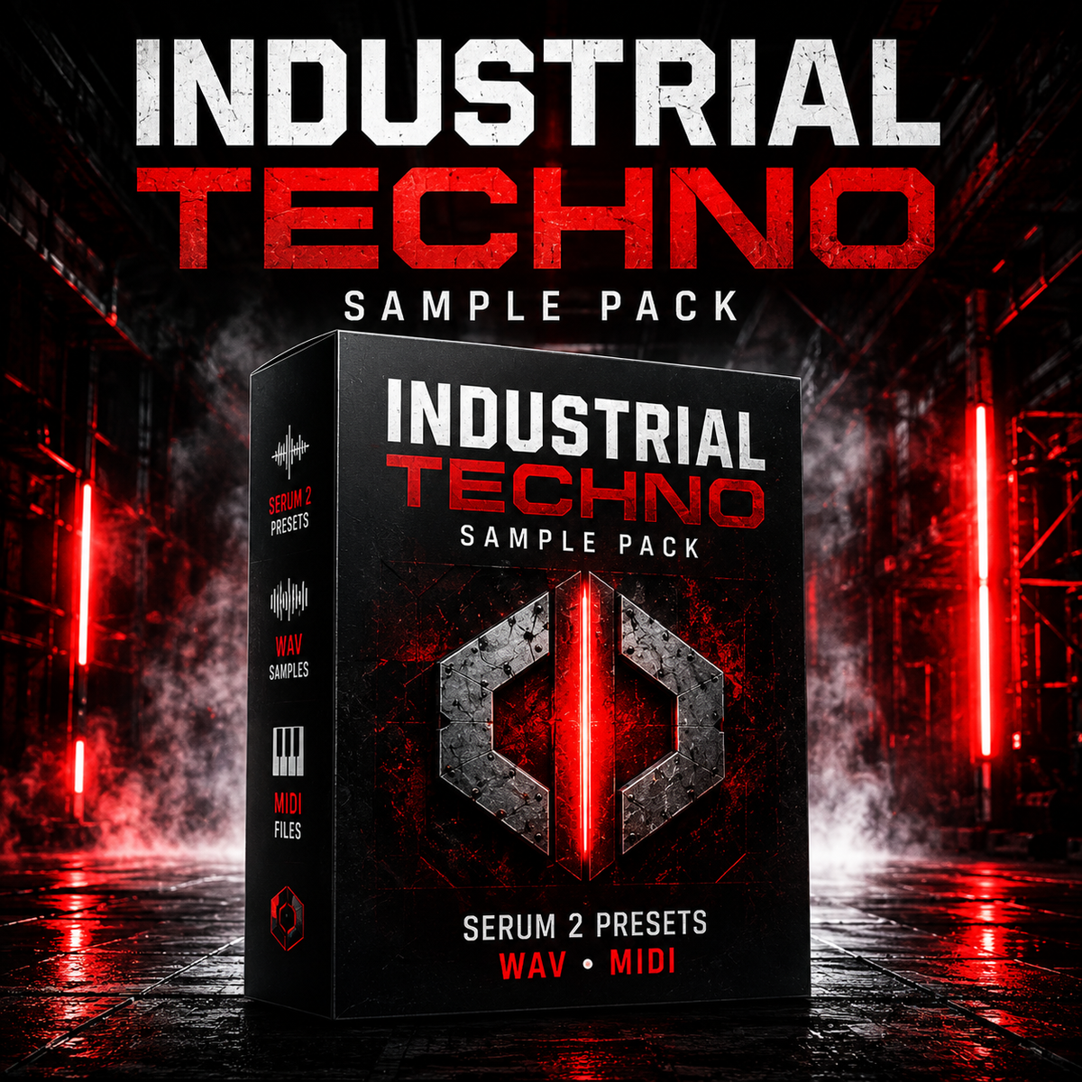 Promotional graphic for an 'Industrial Techno Sample Pack' showing a black product box with red and white text, set against a dark industrial scene with red neon lights and mist.
