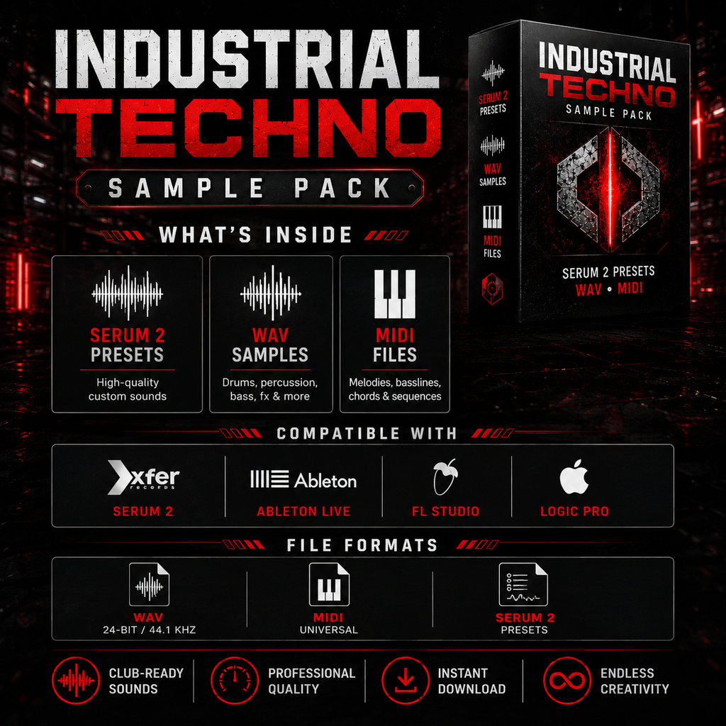 Promotional graphic for an Industrial Techno Sample Pack, featuring a black product box mockup with red and white text, plus sections detailing included presets, samples, MIDI files, compatible software like Xfer Serum 2, Ableton Live, FL Studio, and Logic Pro, and file formats.