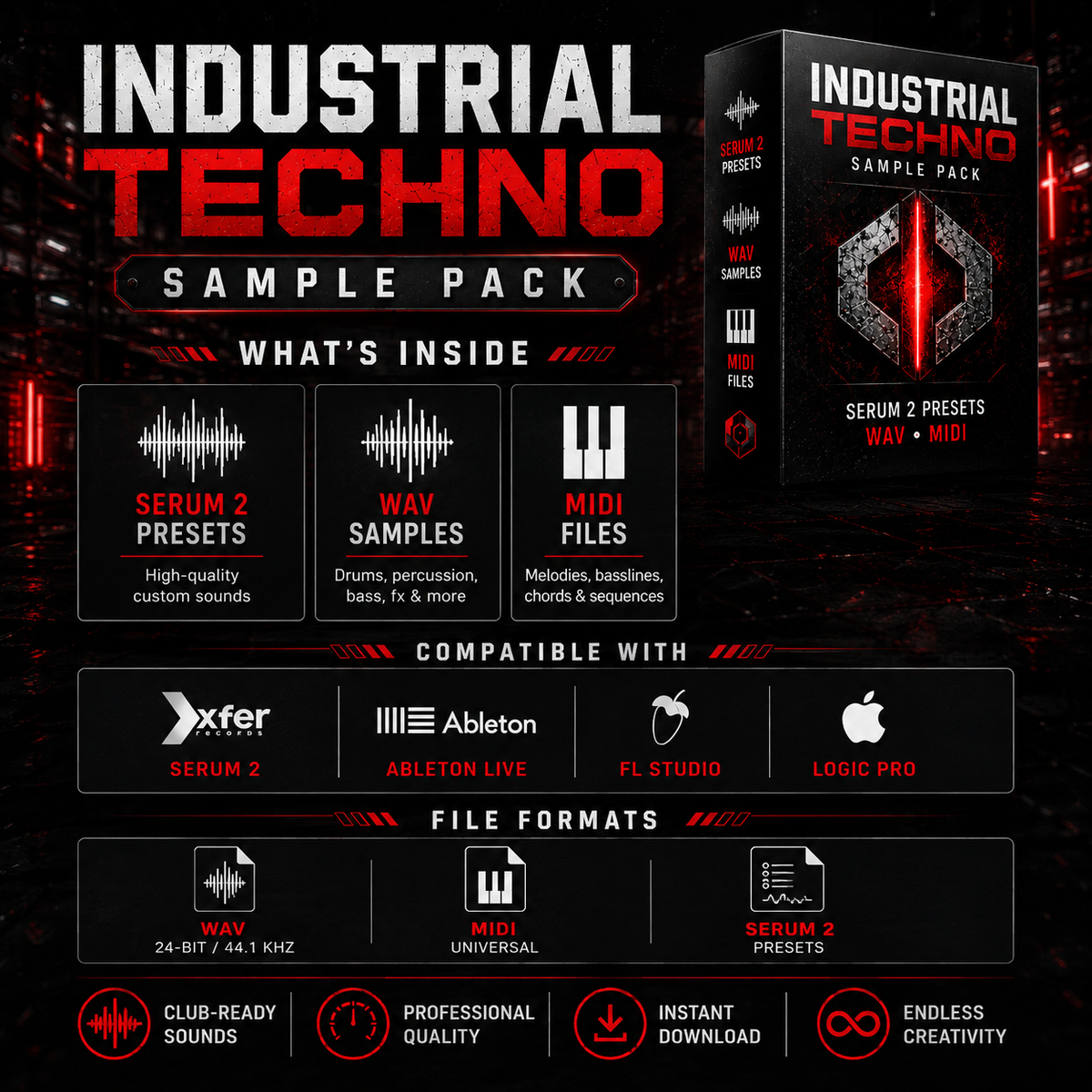 Promotional graphic for an Industrial Techno Sample Pack, featuring a black product box mockup with red and white text, plus sections detailing included presets, samples, MIDI files, compatible software like Xfer Serum 2, Ableton Live, FL Studio, and Logic Pro, and file formats.