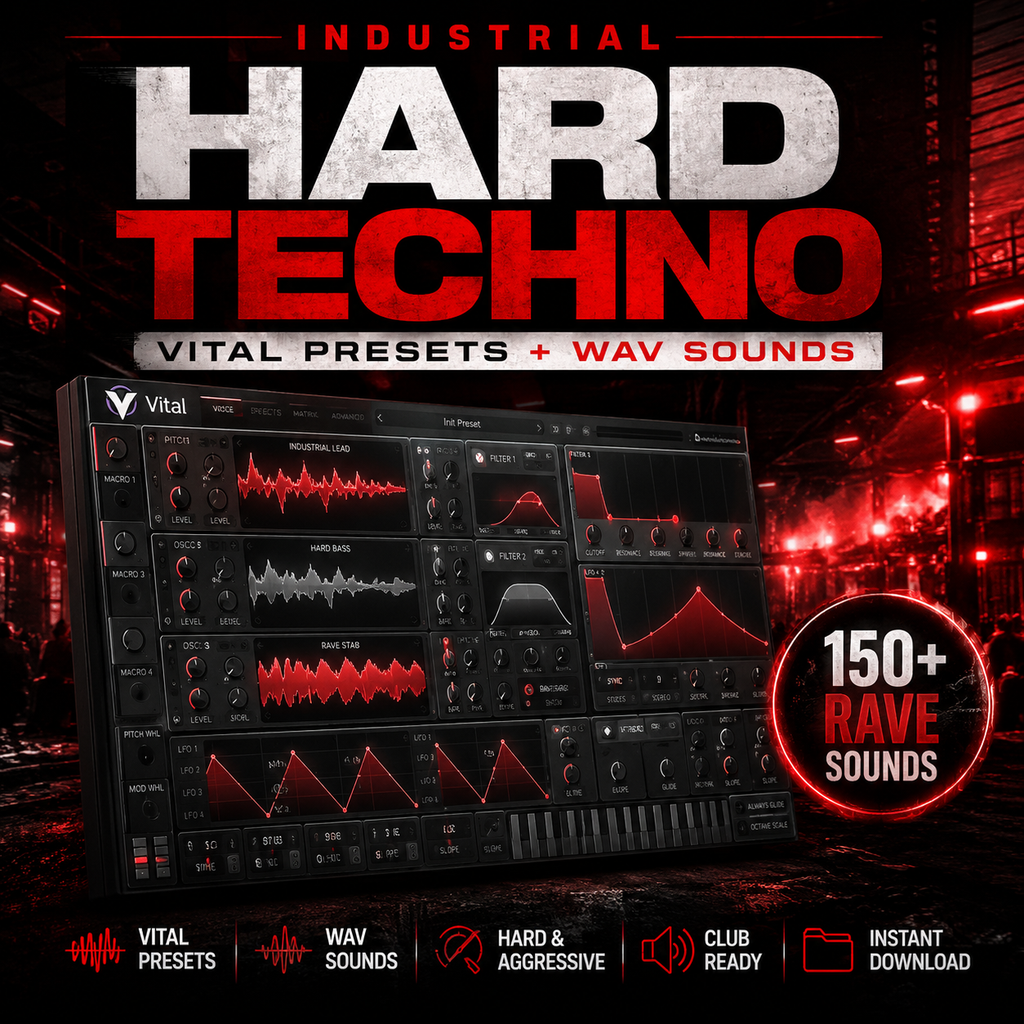 Promotional graphic for an industrial hard techno preset and wav sound pack, featuring a large dark audio plugin interface with red waveform graphics, bold white and red title text, and a circular badge reading '150+ RAVE SOUNDS'.