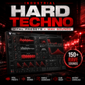 Promotional graphic for an industrial hard techno preset and wav sound pack, featuring a large dark audio plugin interface with red waveform graphics, bold white and red title text, and a circular badge reading '150+ RAVE SOUNDS'.