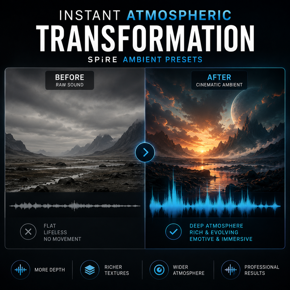 Promotional graphic for 'Instant Atmospheric Transformation' sound presets, showing a side-by-side comparison of a raw, flat landscape audio file labeled 'Before' and a richly detailed cinematic version labeled 'After'.