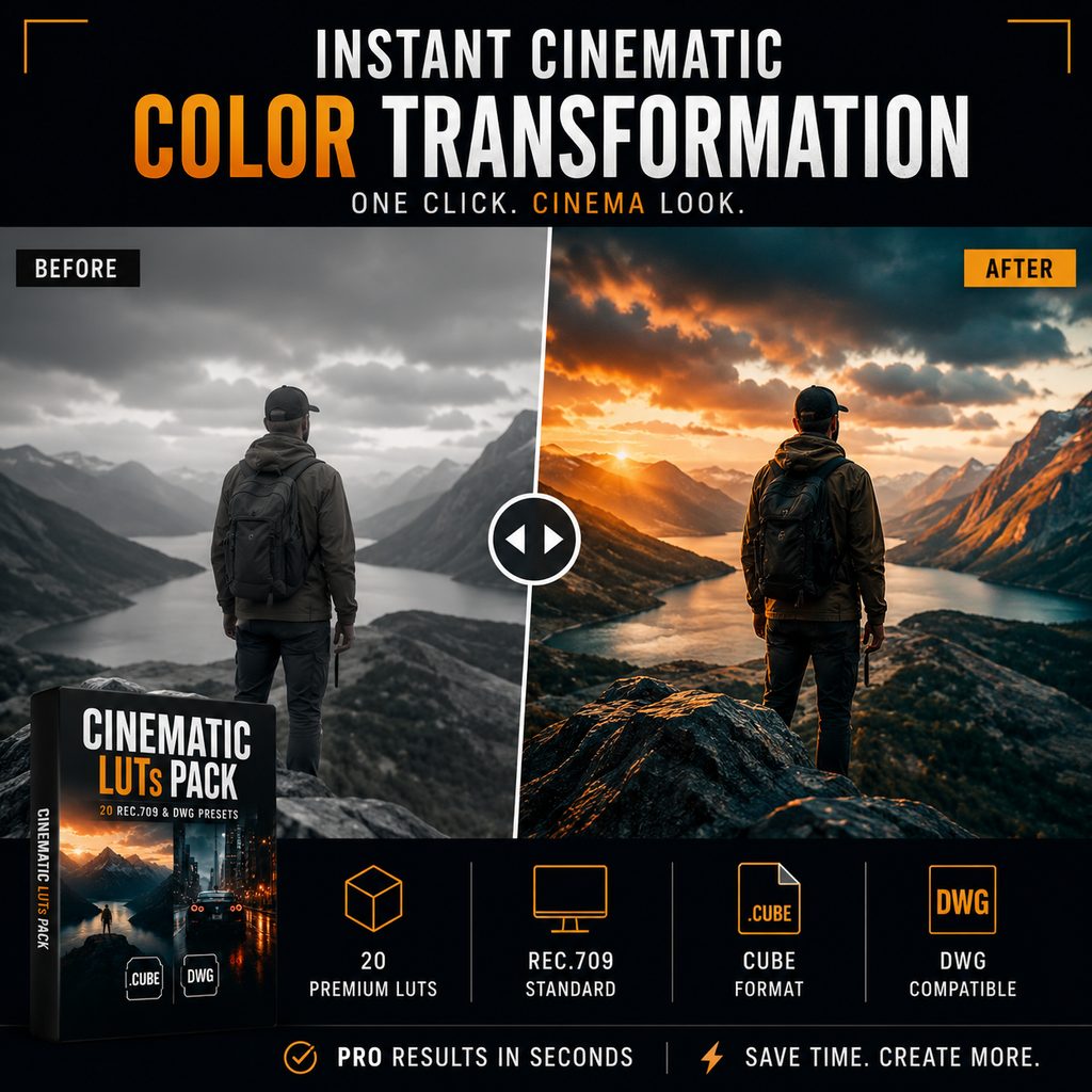 Promotional graphic for a color transformation preset pack, showing a before/after split screen with a mountain landscape and a person standing on a rock. Text reads 'Instant Cinematic Color Transformation' and 'One Click, Cinema Look.