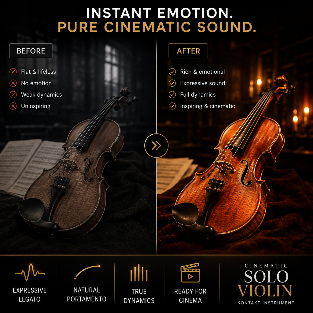 Promotional graphic for a violin sound treatment or instrument feature, showing a violin in a dark room labeled 'Before' and a warmer, richer violin image labeled 'After' under the headline 'Instant Emotion. Pure Cinematic Sound.
