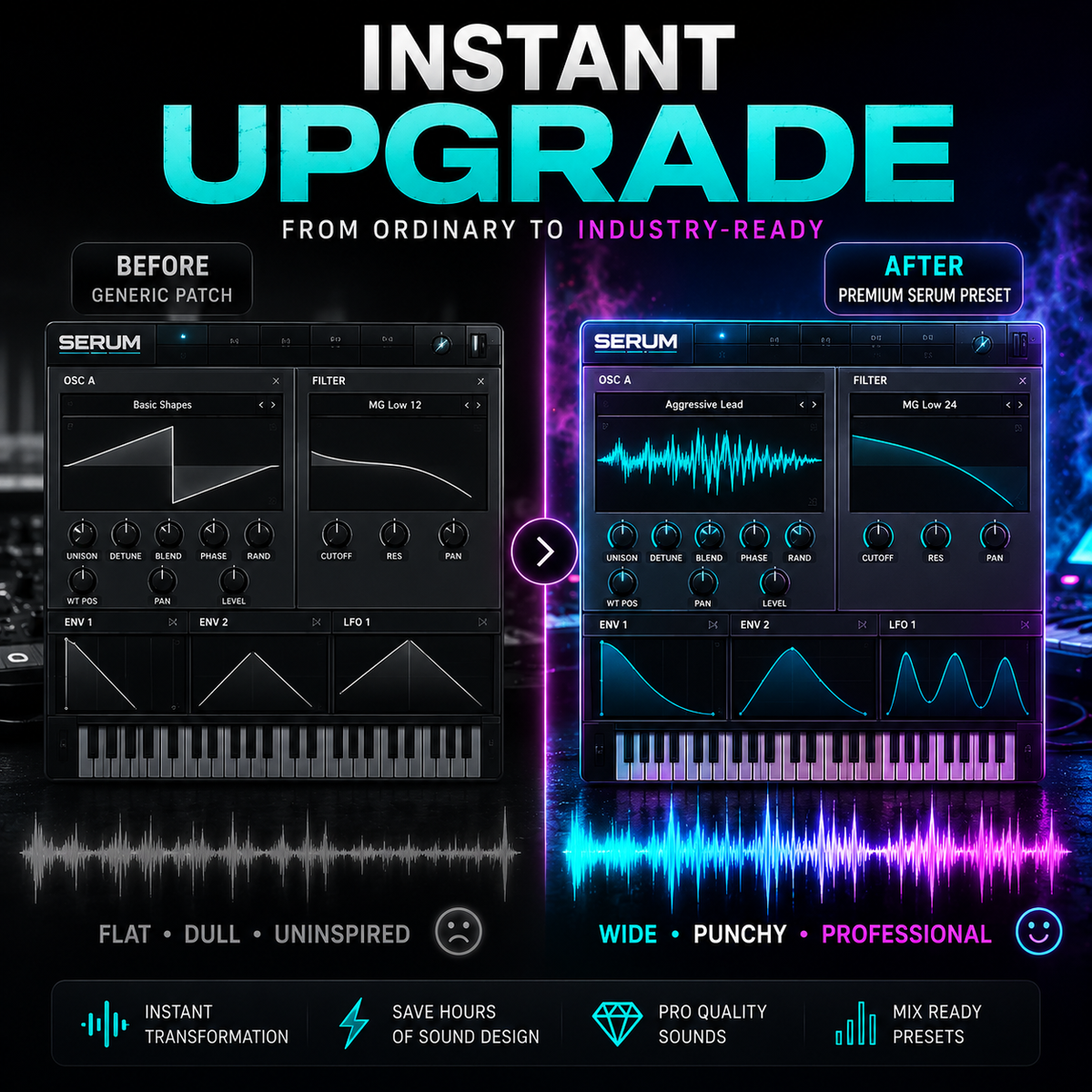 Promotional graphic for an audio preset upgrade, showing software interface panels labeled BEFORE and AFTER with the headline 'INSTANT UPGRADE' and marketing text at the bottom.