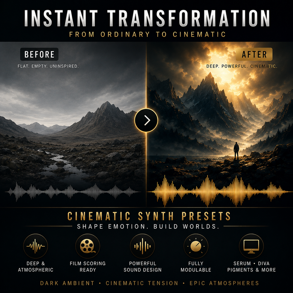 Promotional graphic for cinematic synth presets showing a split before/after landscape scene with mountains, a river, and a lone figure, plus text reading 'Instant Transformation' and feature icons for deep atmospheric sound, film scoring ready, powerful sound design, fully modular, and serum + diva pigments & more.