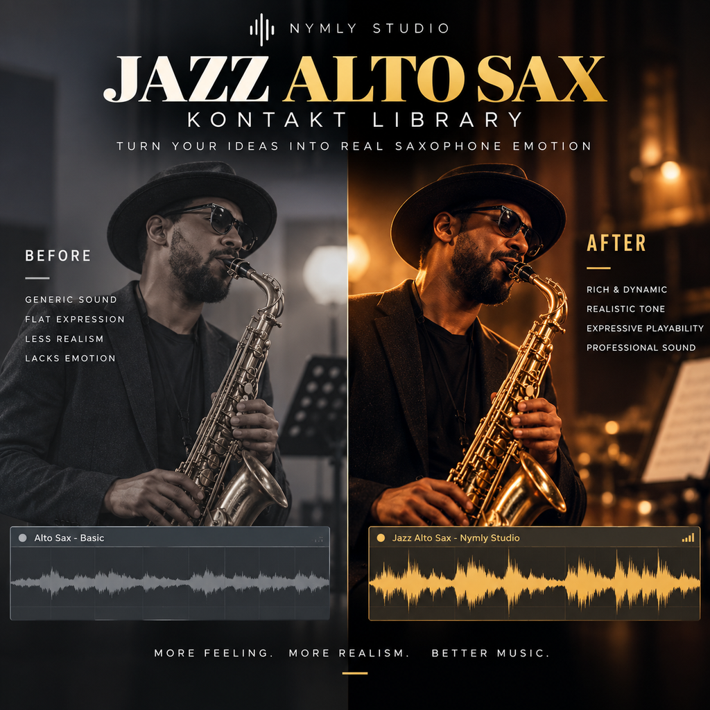 Promotional graphic for 'Jazz Alto Sax Kontakt Library' by Nymly Studio, showing a split-screen comparison of a saxophone player in a dark, generic style versus a warm, high-end professional style with soundwave visualizations.