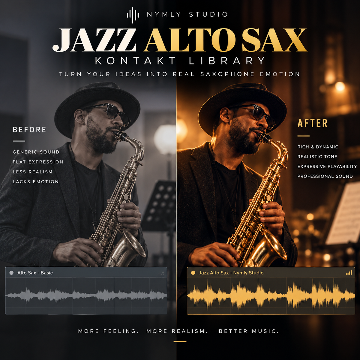 Promotional graphic for 'Jazz Alto Sax Kontakt Library' by Nymly Studio, showing a split-screen comparison of a saxophone player in a dark, generic style versus a warm, high-end professional style with soundwave visualizations.