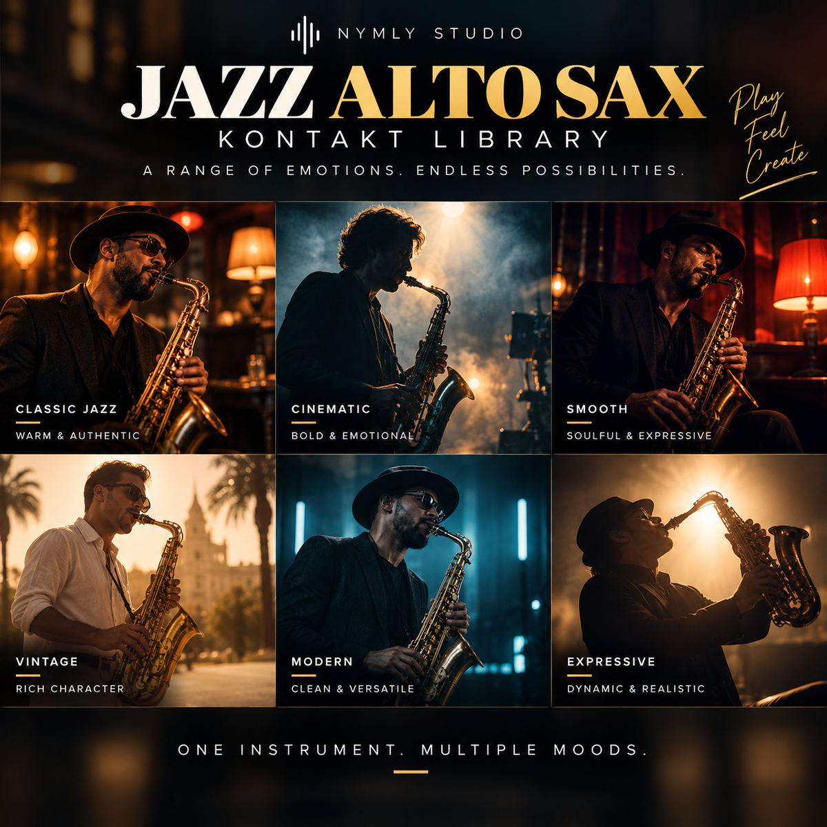 Promotional graphic for the Nymly Studio Jazz Alto Sax Kontakt Library, featuring six mood panels of saxophonists in different styles and lighting, with text labels for Classic Jazz, Cinematic, Smooth, Vintage, Modern, and Expressive.