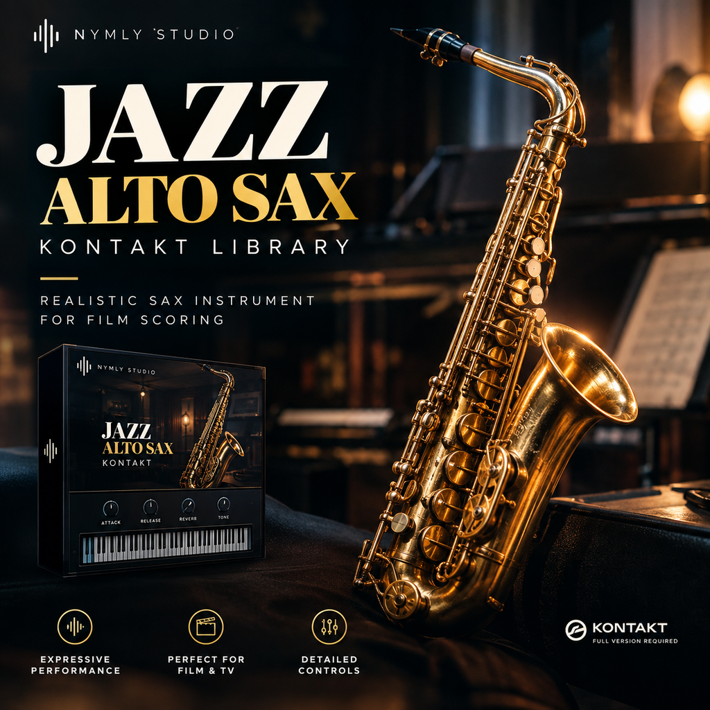 Promotional graphic for a jazz alto sax sound library, showing a polished gold saxophone in a dimly lit music room alongside a branded software box. Large text reads 'JAZZ ALTO SAX KONTAKT LIBRARY' with Nymly Studio branding.