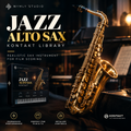 Promotional graphic for a jazz alto sax sound library, showing a polished gold saxophone in a dimly lit music room alongside a branded software box. Large text reads 'JAZZ ALTO SAX KONTAKT LIBRARY' with Nymly Studio branding.
