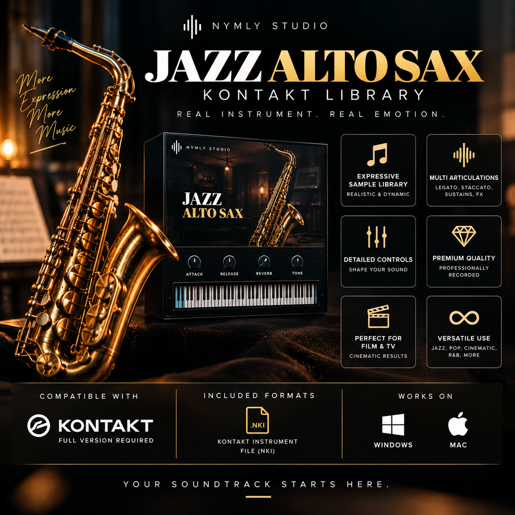 Promotional graphic for the Nymly Studio Jazz Alto Sax Kontakt Library, featuring a large brass alto saxophone on the left and a digital product box with piano keyboard controls on the right. Text highlights features like expressive sample library, multi-orientations, detailed controls, and compatibility with Kontakt on Windows and Mac.