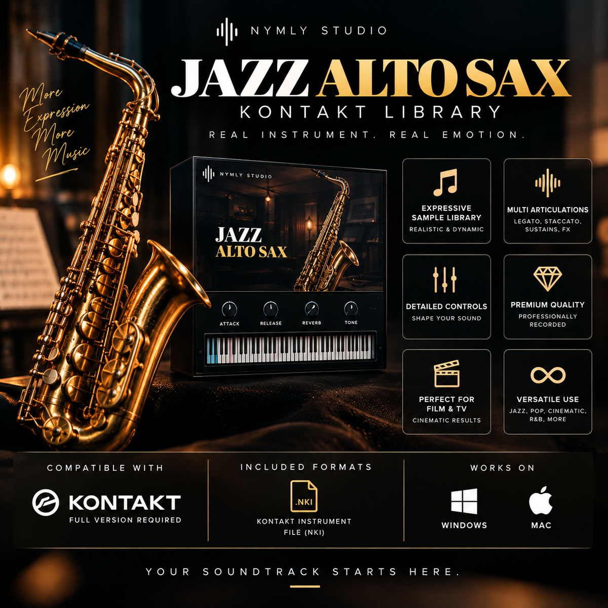 Promotional graphic for the Nymly Studio Jazz Alto Sax Kontakt Library, featuring a large brass alto saxophone on the left and a digital product box with piano keyboard controls on the right. Text highlights features like expressive sample library, multi-orientations, detailed controls, and compatibility with Kontakt on Windows and Mac.