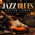 Promotional cover art for 'Jazz Blues Guitar Loops' featuring a sunburst electric guitar resting on a leather couch in a warm, dimly lit room with an amplifier and headphones. The title is displayed in large, stylized text at the top.