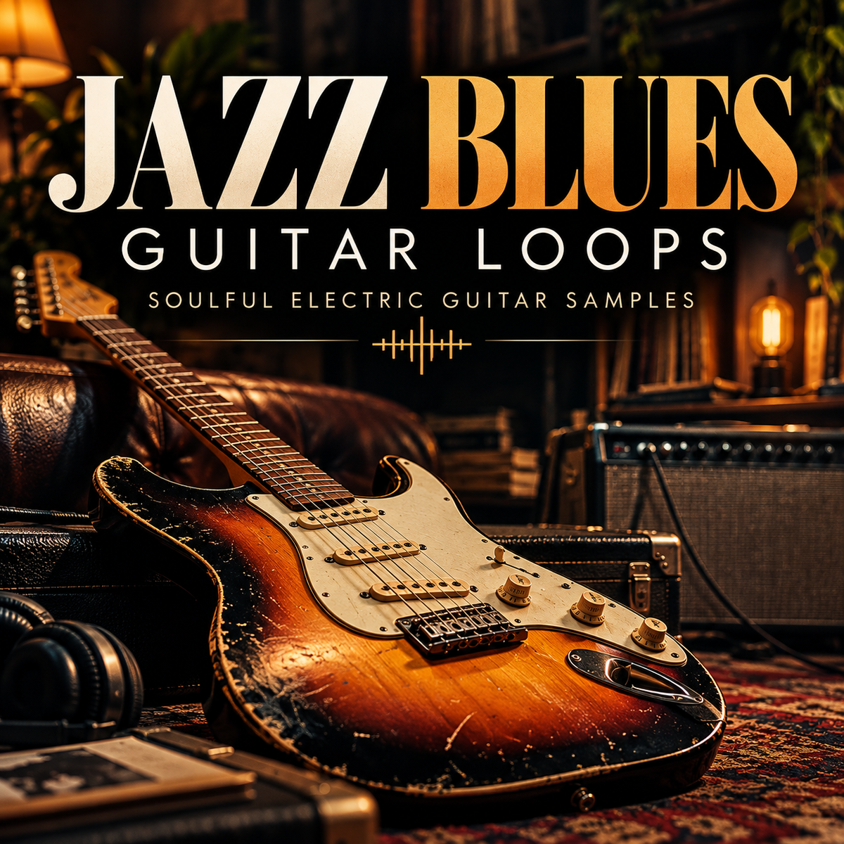 Promotional cover art for 'Jazz Blues Guitar Loops' featuring a sunburst electric guitar resting on a leather couch in a warm, dimly lit room with an amplifier and headphones. The title is displayed in large, stylized text at the top.
