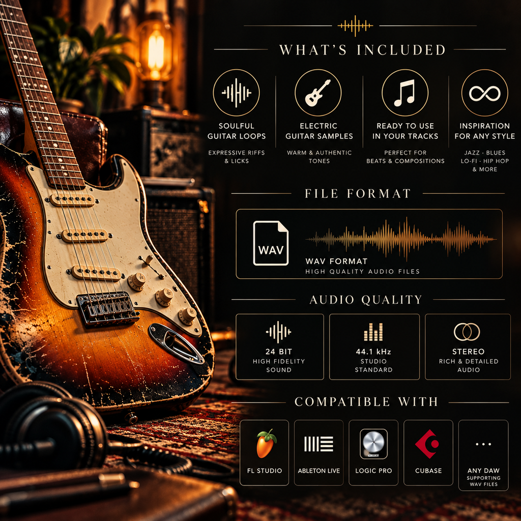 Promotional graphic for an electric guitar sample pack, featuring a close-up of a sunburst electric guitar on the left and a dark informational panel on the right with text about included loops, file formats, audio quality, and compatible software.