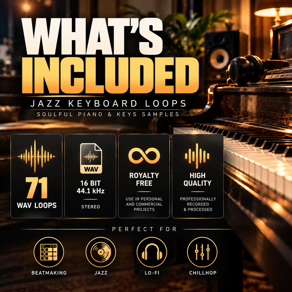 Promotional graphic for a jazz keyboard loops sample pack, featuring large text reading 'WHAT'S INCLUDED' over a warm piano scene. Four black panels detail included features: 71 way loops, 16 bit 44.