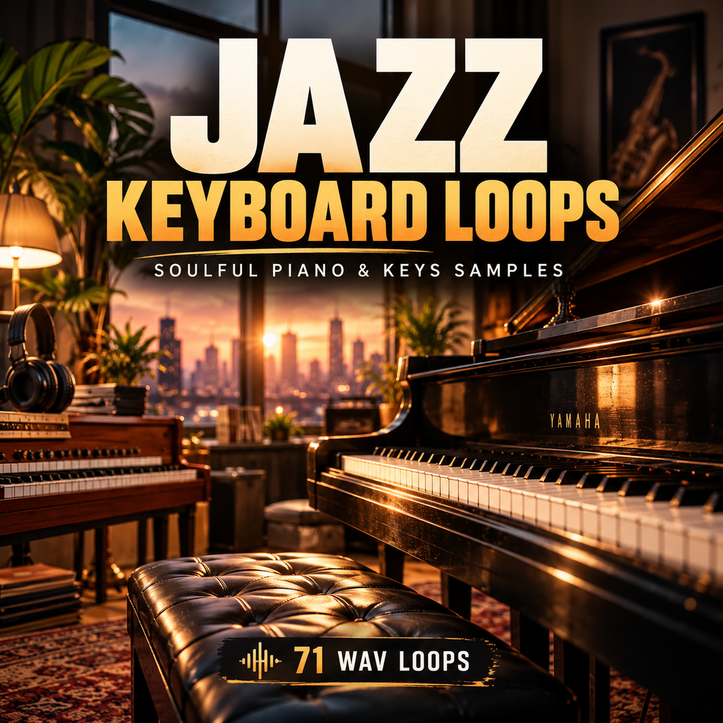 Promotional cover art for a digital music sample pack titled 'JAZZ KEYBOARD LOOPS' with the subtitle 'SOULFUL PIANO & KEYS SAMPLES' and '71 WAV LOOPS' at the bottom. The scene shows a warmly lit piano room with a Yamaha grand piano in the foreground, a bench, plants, and a city skyline at sunset visible through the window.