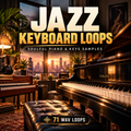 Promotional cover art for a digital music sample pack titled 'JAZZ KEYBOARD LOOPS' with the subtitle 'SOULFUL PIANO & KEYS SAMPLES' and '71 WAV LOOPS' at the bottom. The scene shows a warmly lit piano room with a Yamaha grand piano in the foreground, a bench, plants, and a city skyline at sunset visible through the window.