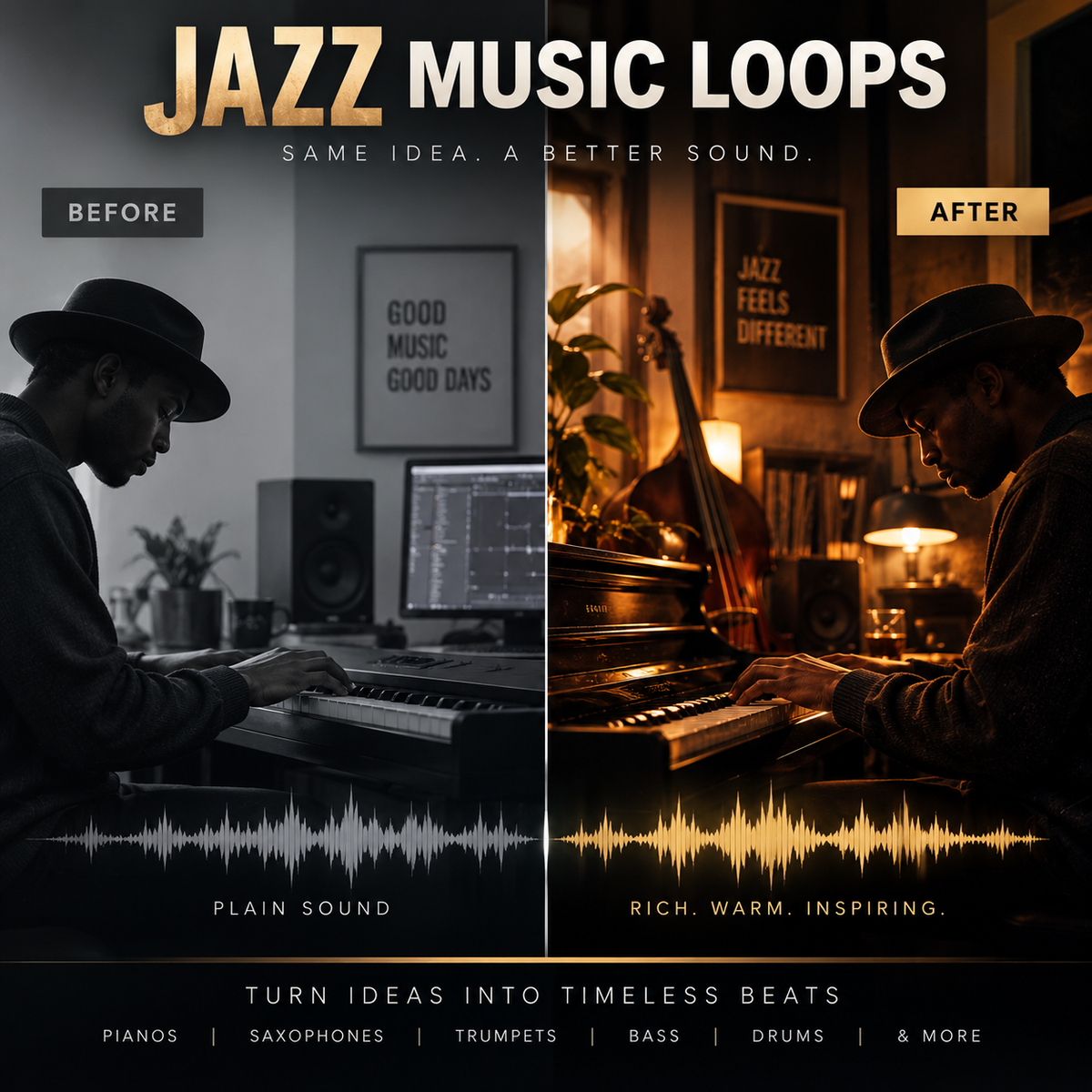 Promotional graphic for a jazz music loops audio sample pack, featuring a split-screen comparison labeled 'Before' and 'After' with a pianist playing in a dimly lit room. The left side is dark and labeled 'PLAIN SOUND,' while the right side is warm, golden, and labeled 'RICH.