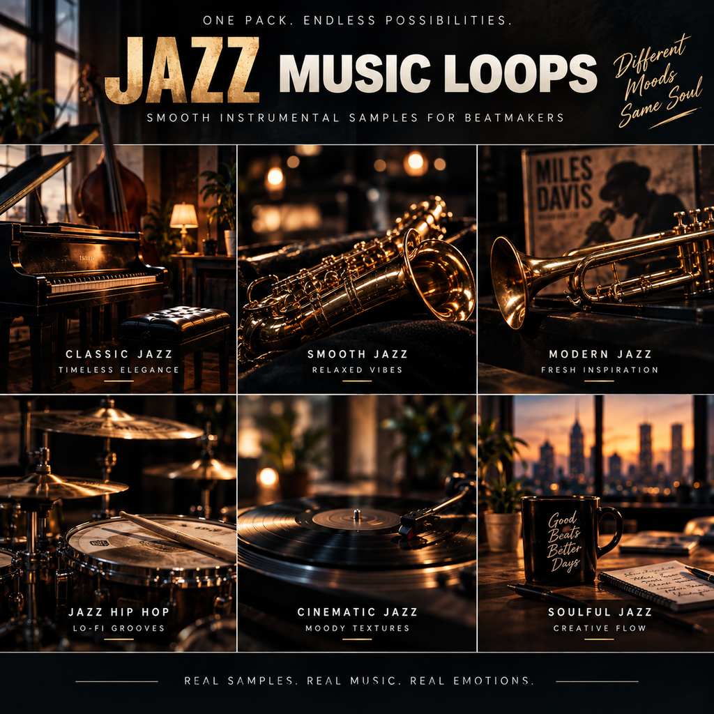 Promotional graphic for a jazz music loops sample pack, featuring six warm-toned panels with instruments and scenes: piano, trumpet, saxophone, drums, vinyl record, and a mug. Large text reads 'JAZZ MUSIC LOOPS' with smaller copy about smooth instrumental samples for beatmakers.