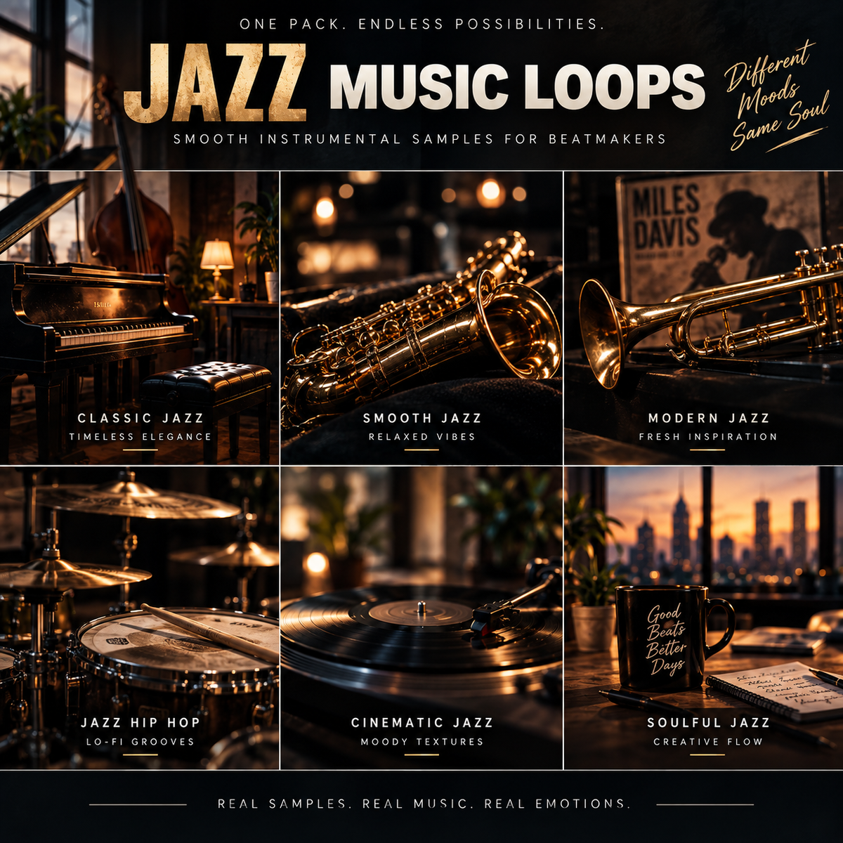Promotional graphic for a jazz music loops sample pack, featuring six warm-toned panels with instruments and scenes: piano, trumpet, saxophone, drums, vinyl record, and a mug. Large text reads 'JAZZ MUSIC LOOPS' with smaller copy about smooth instrumental samples for beatmakers.