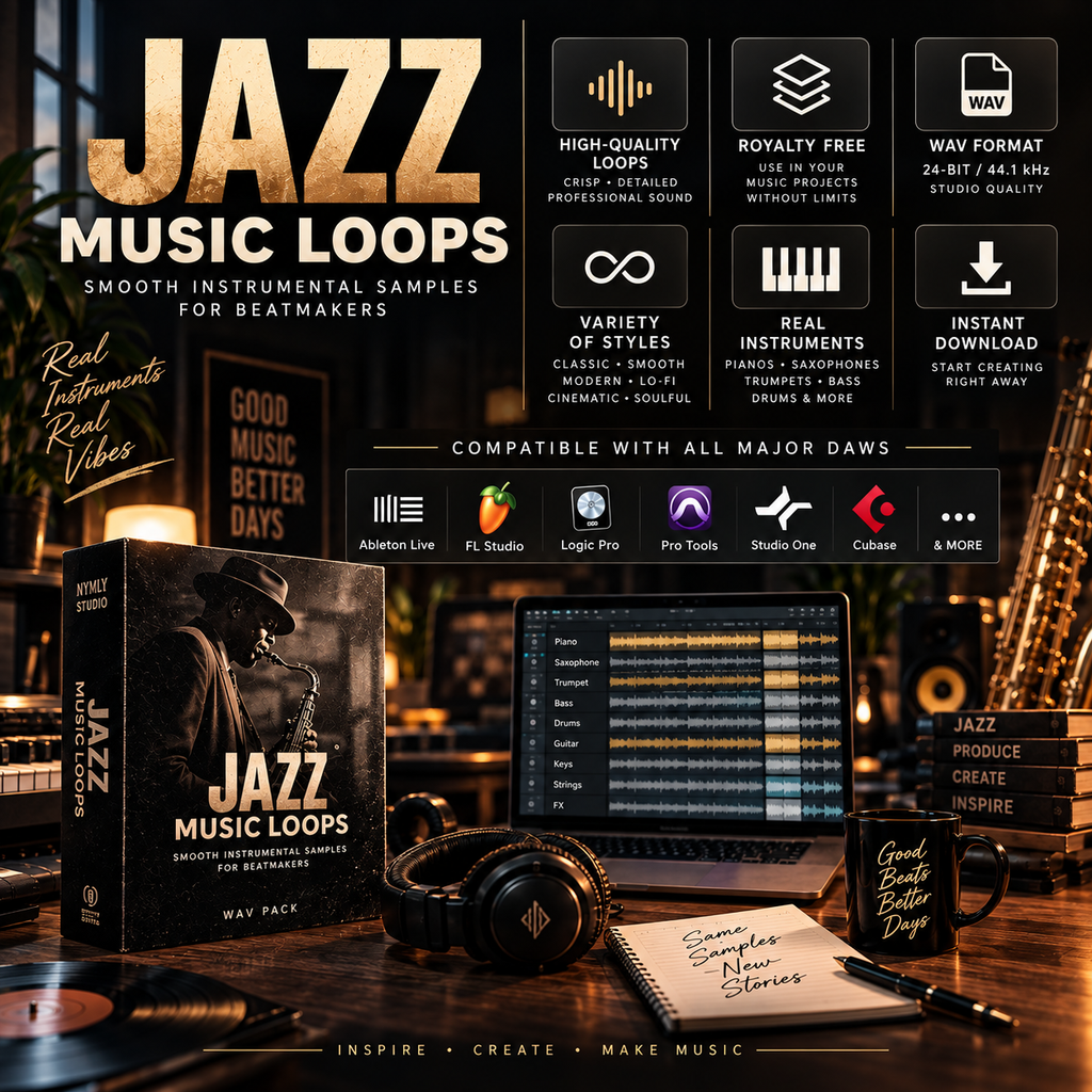 Jazz music loops with WAV samples, royalty-free audio, multiple styles, and compatibility with major DAWs.