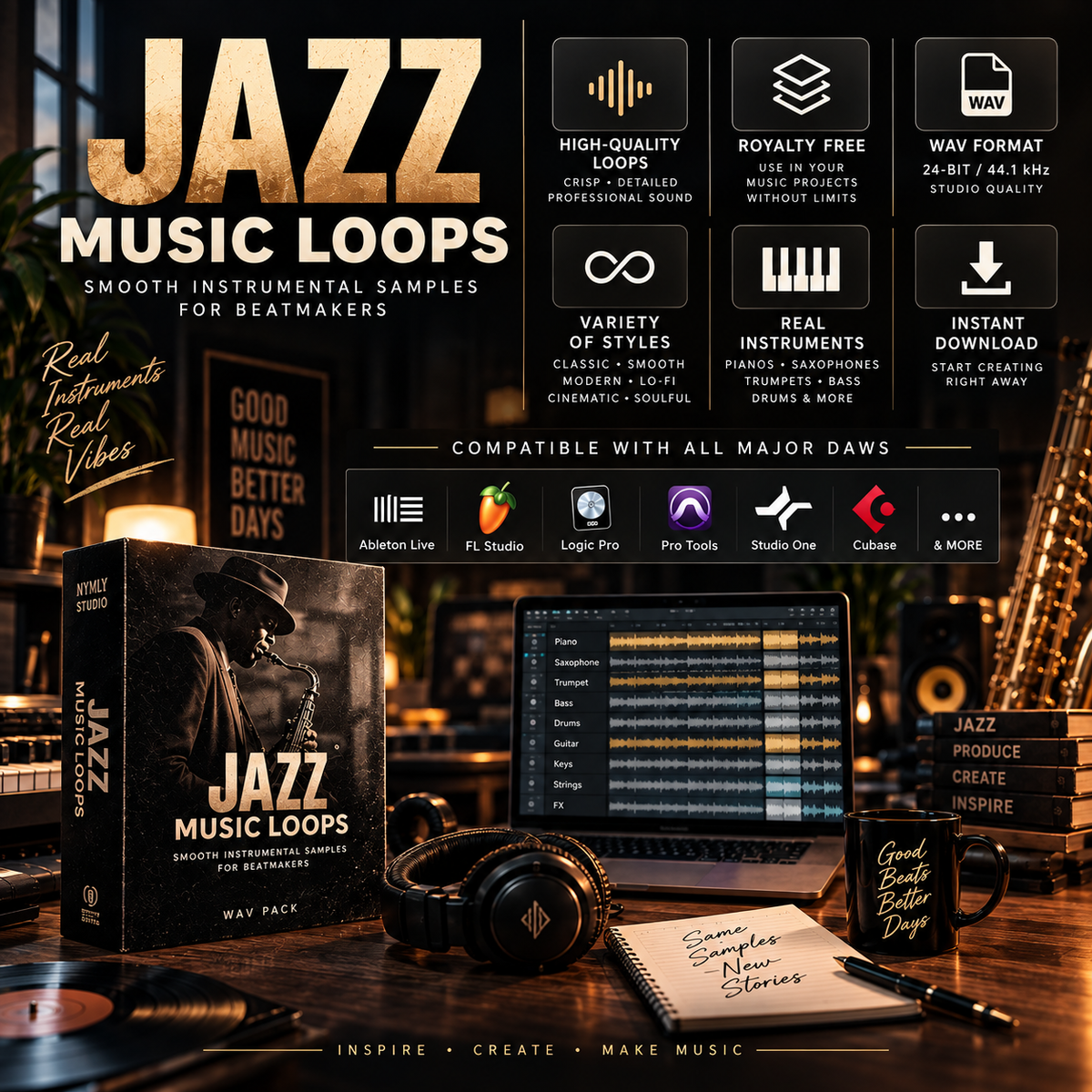 Jazz music loops with WAV samples, royalty-free audio, multiple styles, and compatibility with major DAWs.