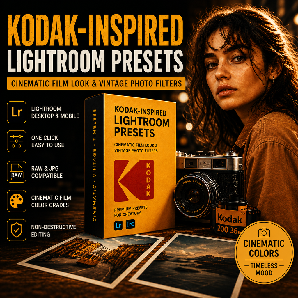 Promotional graphic for Kodak-inspired Lightroom presets, showing a woman with warm vintage-style edited skin and hair tones beside a retro camera and a box labeled 'Kodak-Inspired Lightroom Presets.' Text highlights Lightroom desktop and mobile compatibility, one-click ease of use, RAW and JPG compatibility, cinematic color grading, and non-destructive editing.